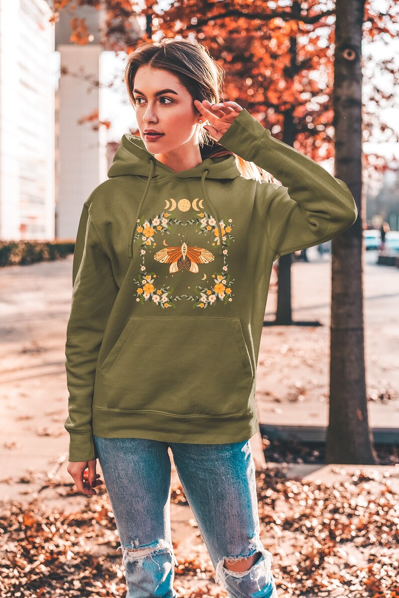 Cottagecore Moth Hoodie, Moon Phase Hoodie, Cottagecore Goblincore Clothes, Nature Floral Botanical Pullover, Luna Moth Hoodie image 1