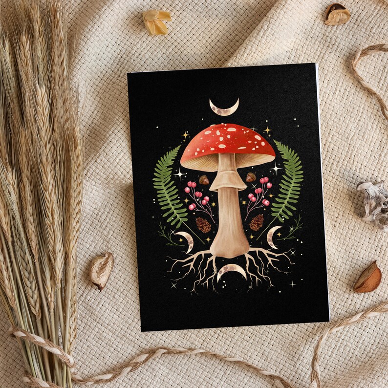Amanita Mushroom Postcard, Mystical Mushroom Postcard, Celestial Stationery, Botanical Nature Postcard, Forestcore Postcard image 1