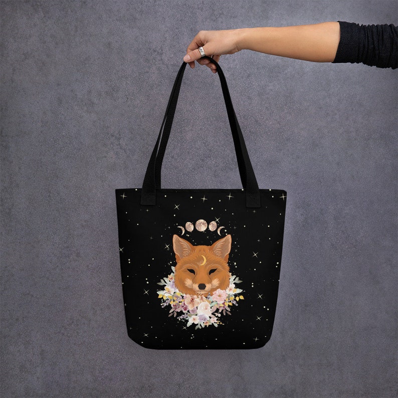 Cottagecore Fox Tote Bag, Celestial Moon Phase Bag, Mystical Tote Bag, Spirit Animal Tote Bag, Cottage Core Forestcore Fairycore Bag image 3