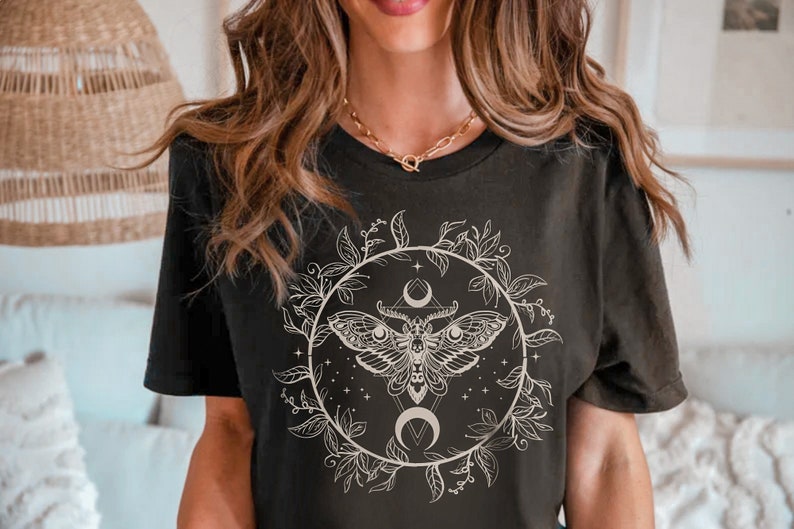 Floral Luna Moth Tee, Cottagecore, Gothic, Spirituality Shirt, Dark Academia Shirt, Witchy Luna Moth Shirt, Celestial Butterfly T-Shirt image 2