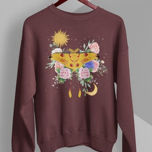Moon Moth Sweatshirt, Sun Moon Shirt, Floral Celestial Nature, Cottagecore Clothing, Mystical Butterfly Sweatshirt, Spiritual Animal Sweater image 4