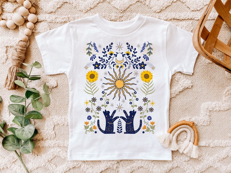 Sun And Moon Kids Shirt, Mystical Cosmic Galaxy Kids Tee, Folk Art Botanical Floral Toddler Shirt, Sunflower Kids Tee, Witchy Kids Shirt image 2