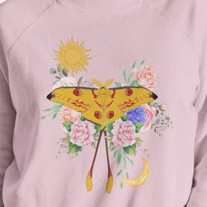 Moon Moth Sweatshirt, Sun Moon Shirt, Floral Celestial Nature, Cottagecore Clothing, Mystical Butterfly Sweatshirt, Spiritual Animal Sweater image 3