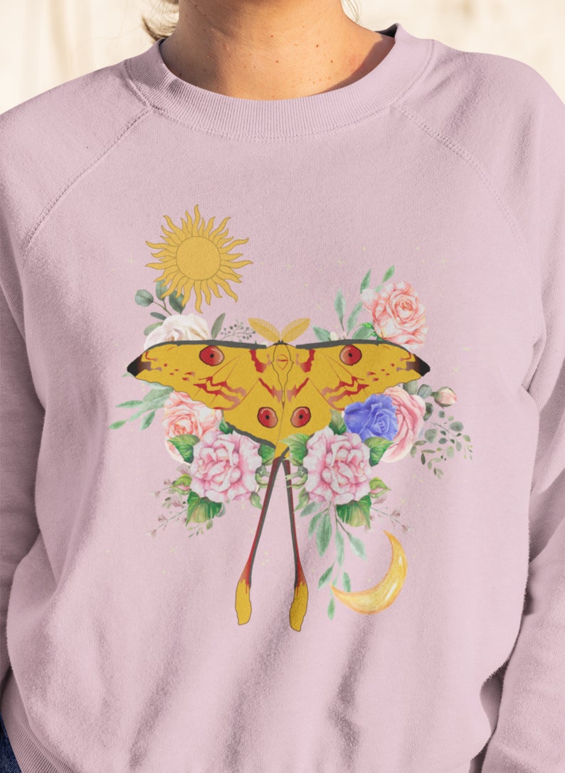 Moon Moth Sweatshirt, Sun Moon Shirt, Floral Celestial Nature, Cottagecore Clothing, Mystical Butterfly Sweatshirt, Spiritual Animal Sweater image 3