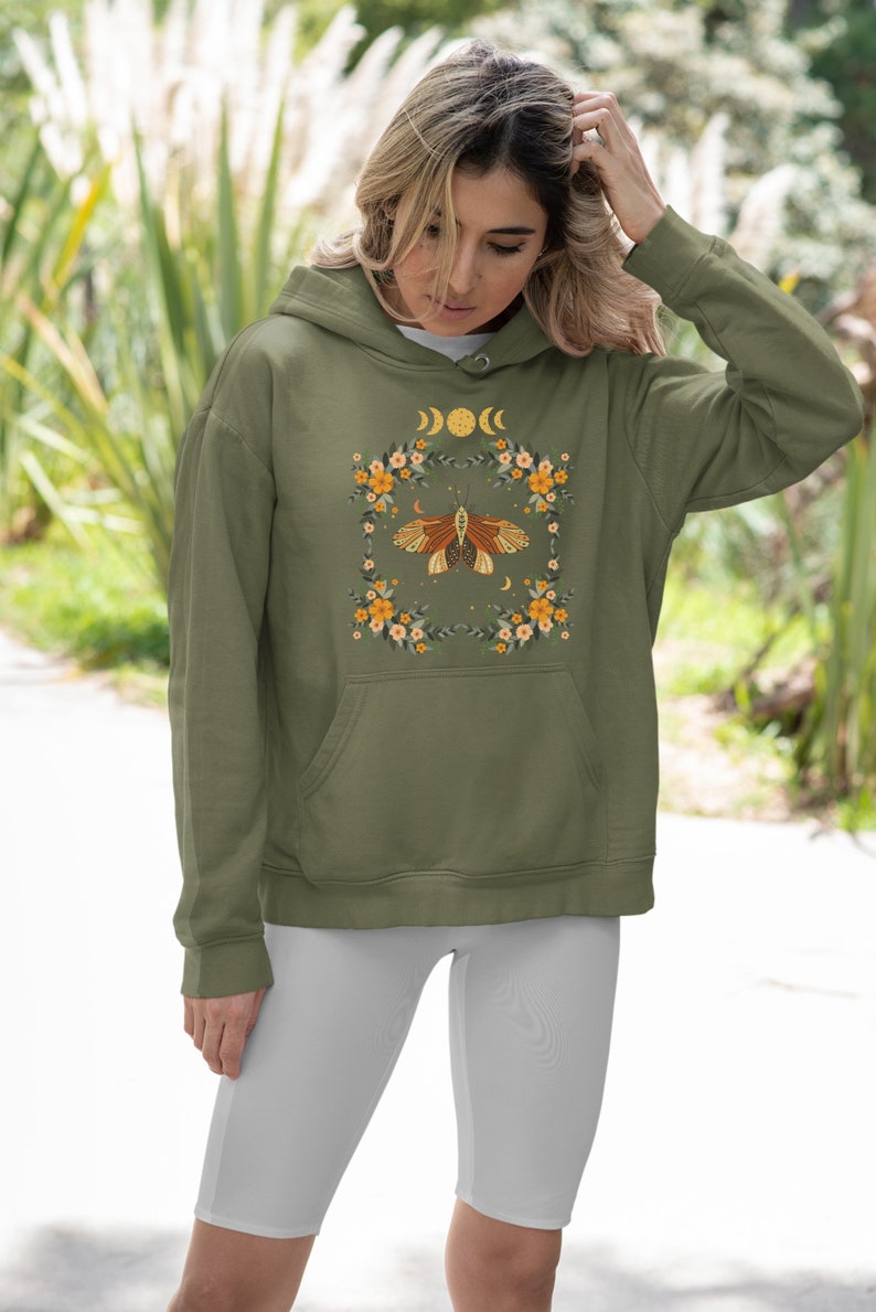 Cottagecore Moth Hoodie, Moon Phase Hoodie, Cottagecore Goblincore Clothes, Nature Floral Botanical Pullover, Luna Moth Hoodie image 2