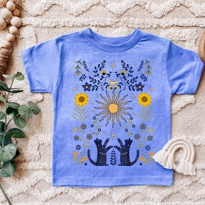 Sun And Moon Kids Shirt, Mystical Cosmic Galaxy Kids Tee, Folk Art Botanical Floral Toddler Shirt, Sunflower Kids Tee, Witchy Kids Shirt Heather Blue