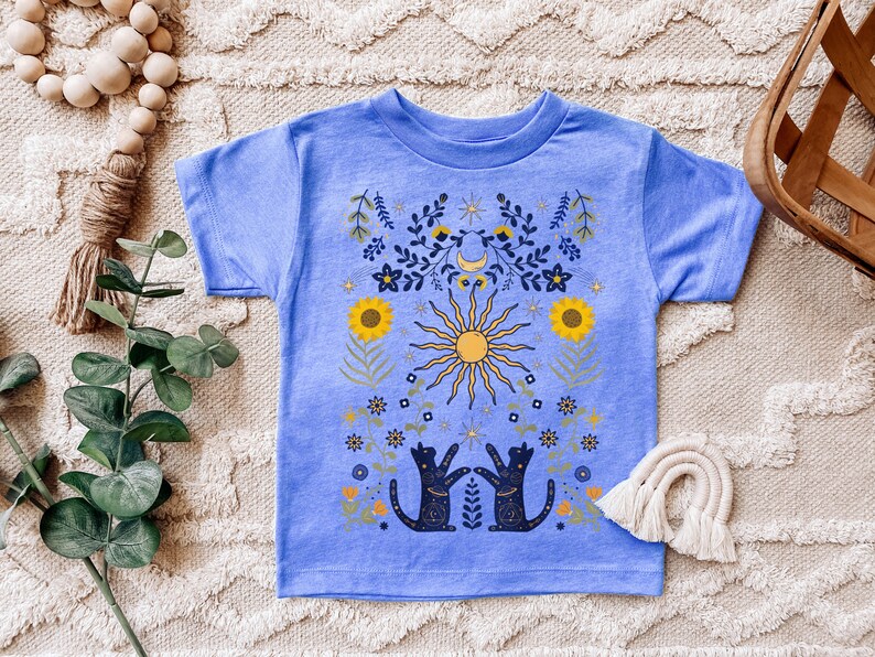 Sun And Moon Kids Shirt, Mystical Cosmic Galaxy Kids Tee, Folk Art Botanical Floral Toddler Shirt, Sunflower Kids Tee, Witchy Kids Shirt Heather Blue