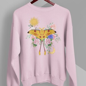 Moon Moth Sweatshirt, Sun Moon Shirt, Floral Celestial Nature, Cottagecore Clothing, Mystical Butterfly Sweatshirt, Spiritual Animal Sweater Light Pink