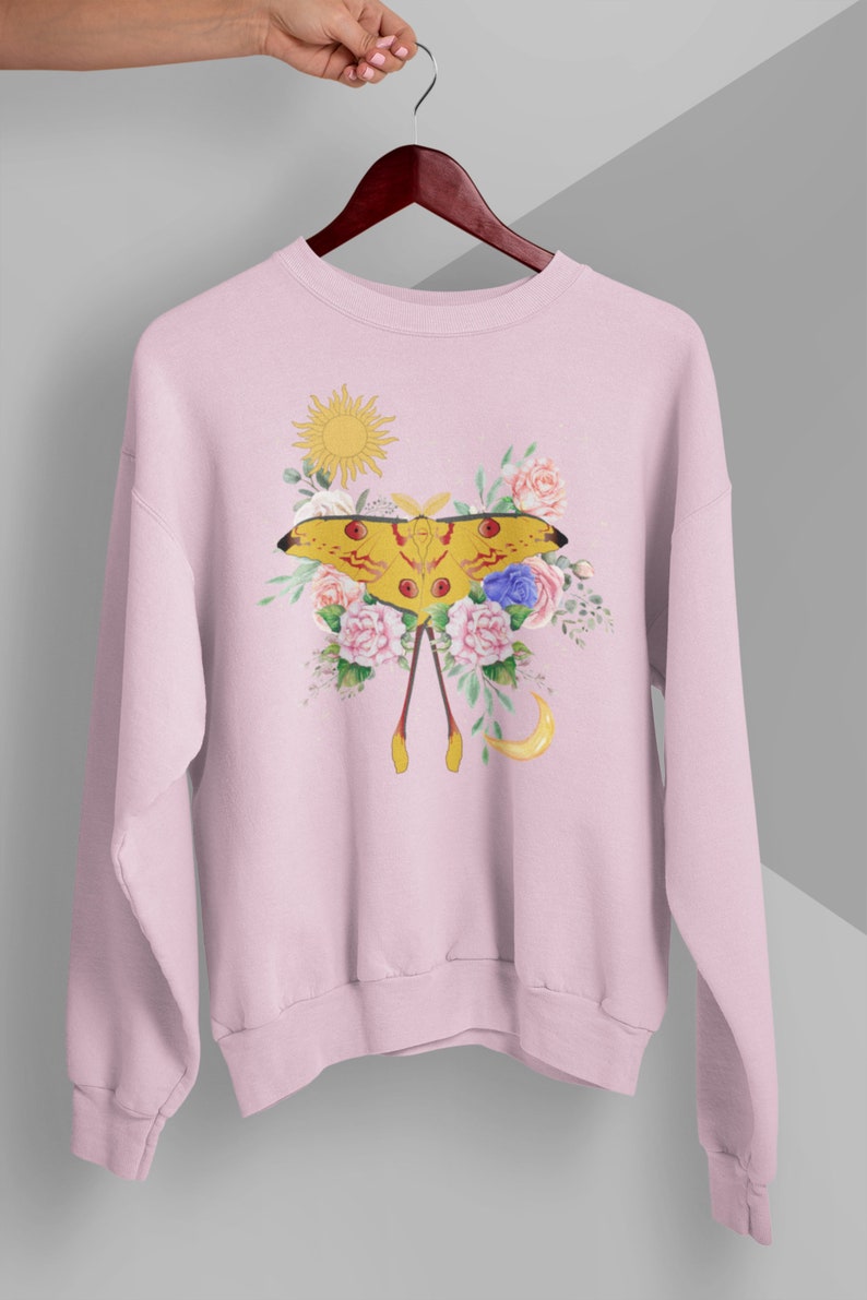 Moon Moth Sweatshirt, Sun Moon Shirt, Floral Celestial Nature, Cottagecore Clothing, Mystical Butterfly Sweatshirt, Spiritual Animal Sweater Light Pink