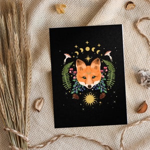 Cottagecore Celestial Fox Postcard, Witchy Moon Phase Postcard, Red Fox Lover Gift, Amanita Mushroom Postcard, Witchy Stationery image 1