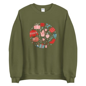 Christmas Ball Sweatshirt, Christmas Doodle Sweater, Christmas Shirt For Women, Christmas Party Sweatshirt, Holiday Sweater Military Green