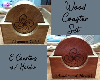 Wood Coaster Set with Holder/Set of 6 Coasters/Basque Cross/Lauburu