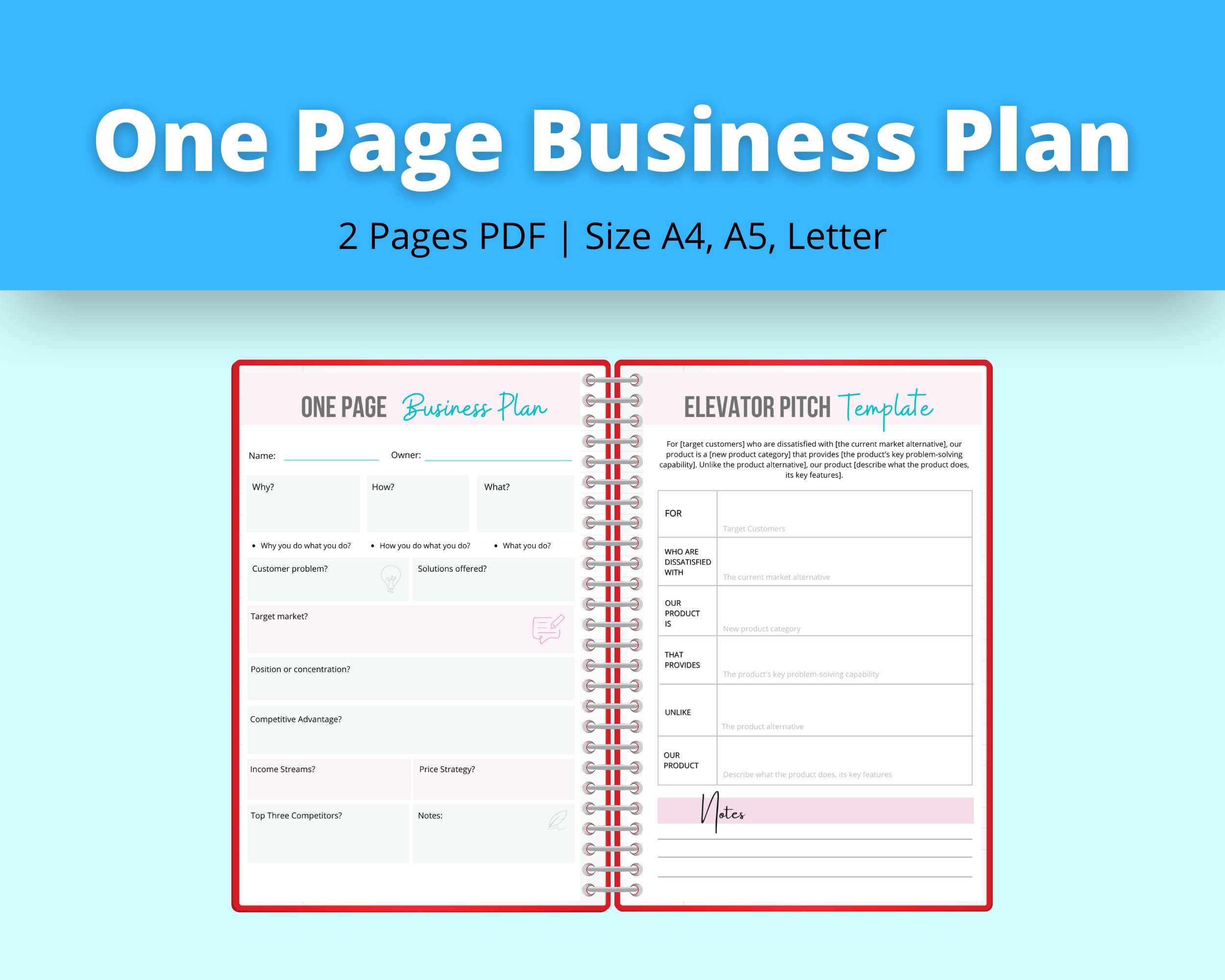 One Page Business Plan Template PDF Printable Business Plan Etsy