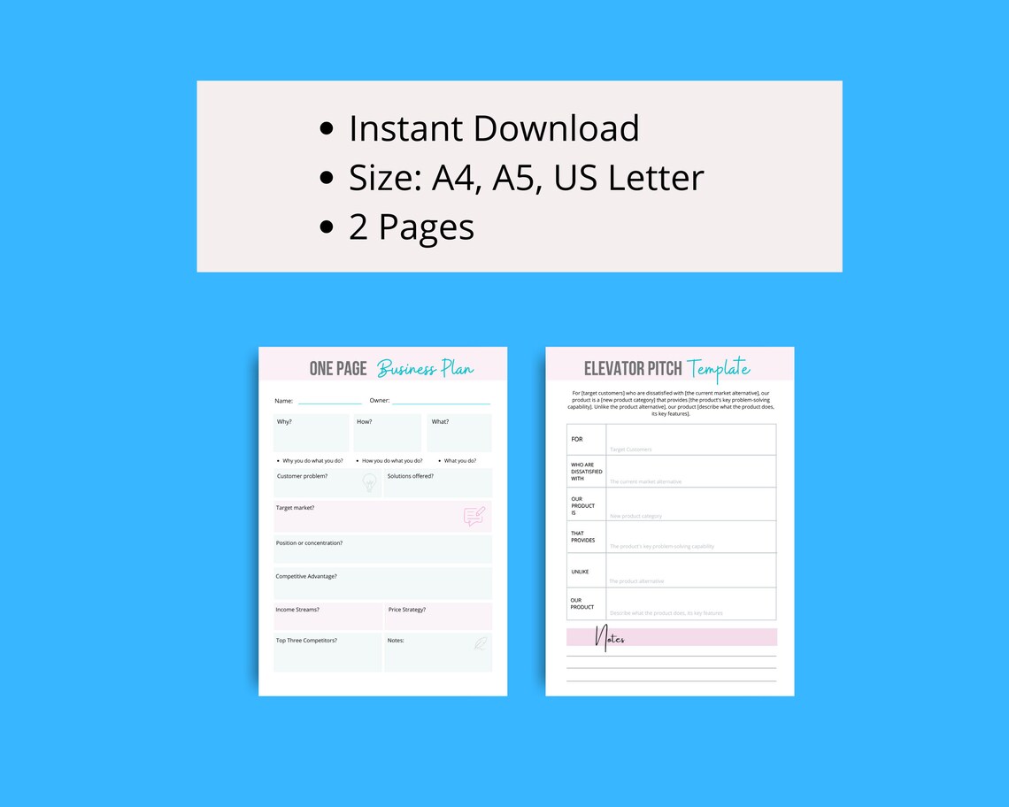 One Page Business Plan Template PDF Printable Business Plan - Etsy