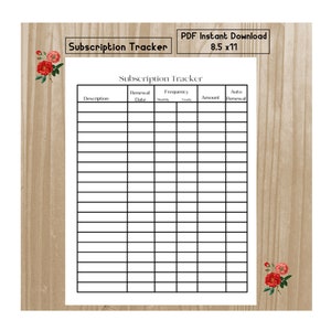 Subscription Tracker| Subscription Log| Membership Tracker| Printable| PDF| Instant Download.