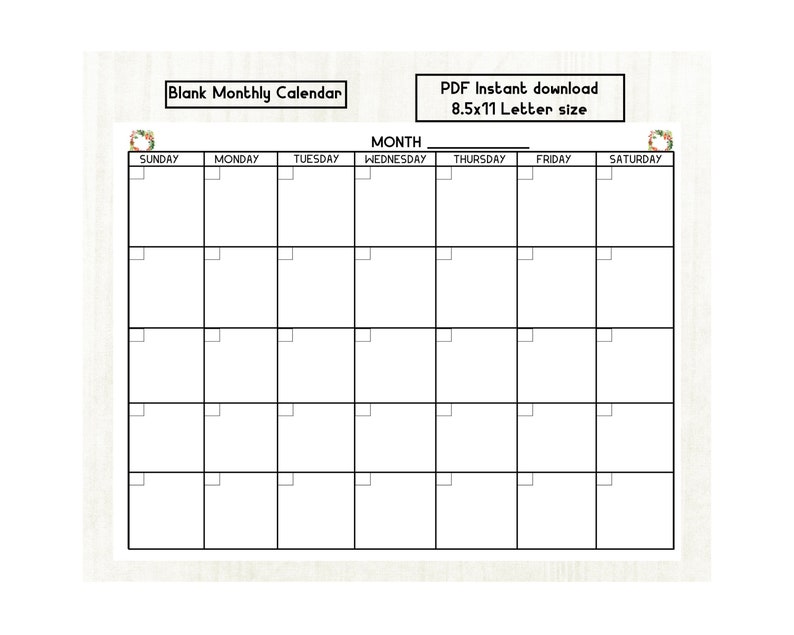 Undated Monthly Calendar: Printable Blank Template (instant Download ...