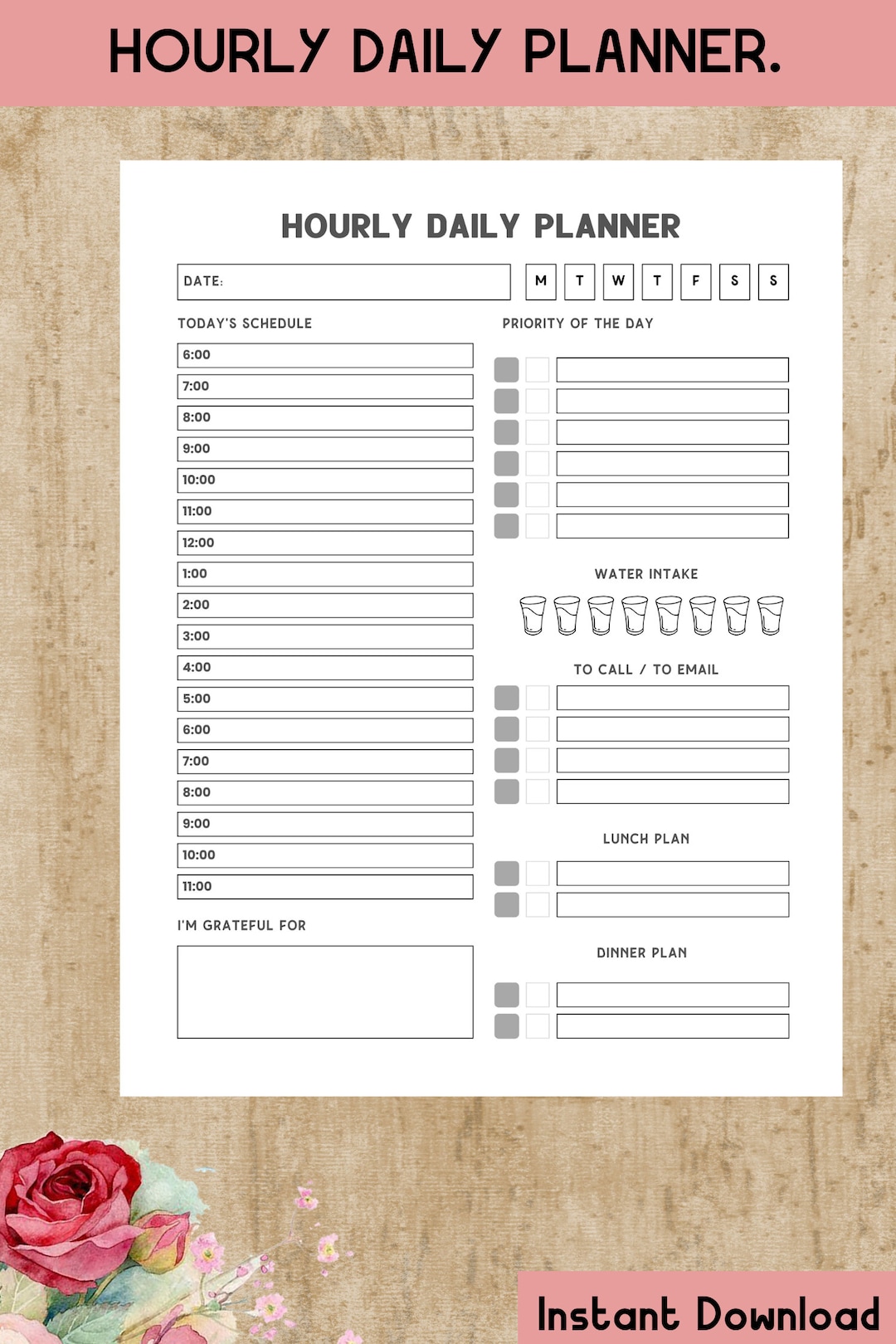 Hourly Daily Planner Printable| Work From Home Planner| Productivity ...