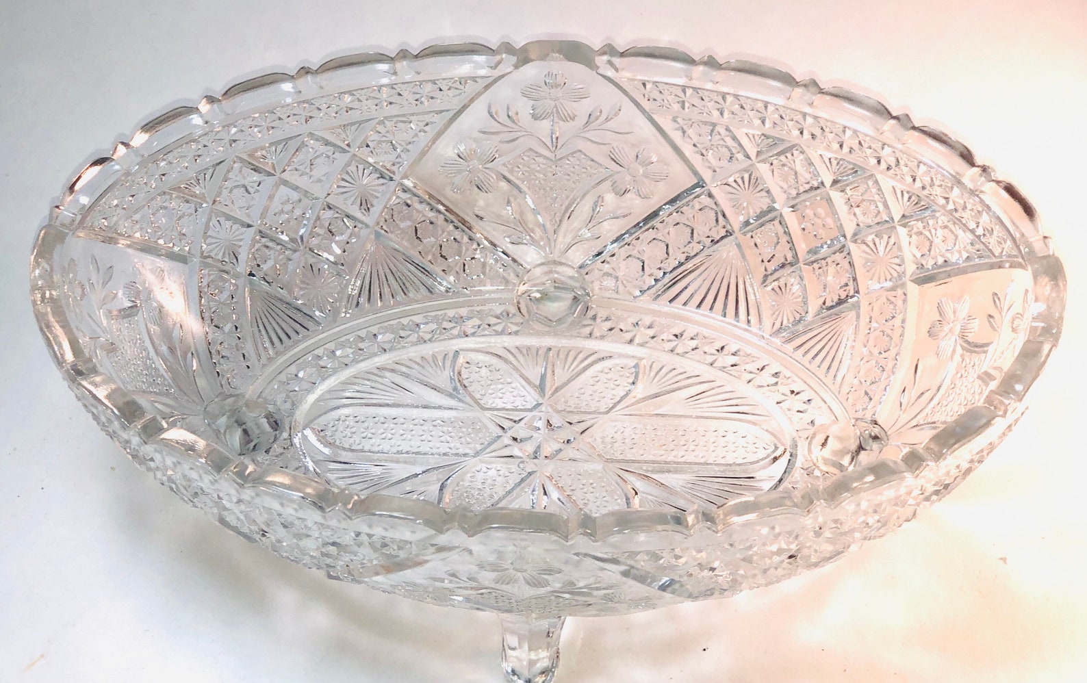 1050 Clear Cut Glass Oval Footed Bowl Vintage Etsy