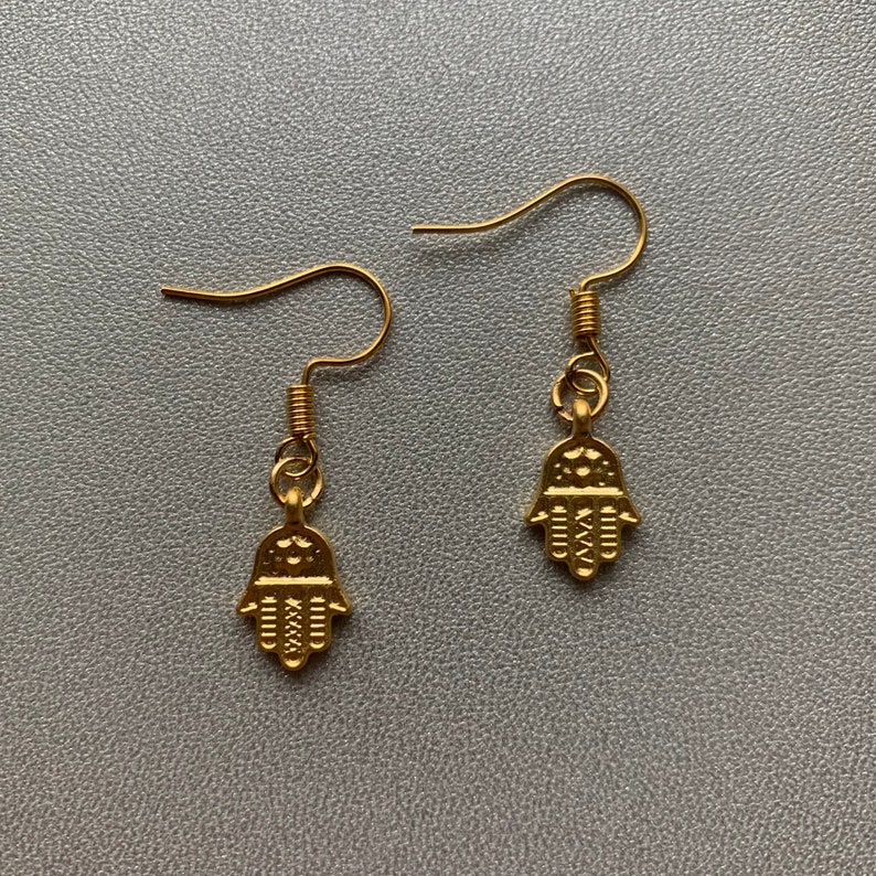 Handmade 24 Karat Gold Plated Drop Earrings with Matte Gold Hamsa Charm