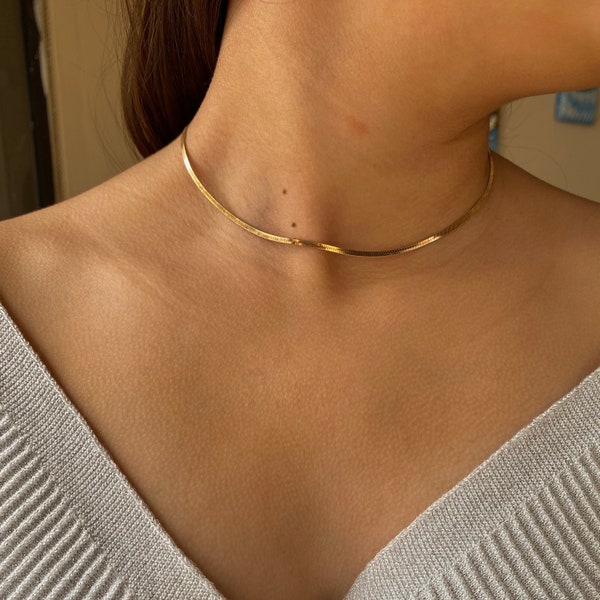 Herringbone chain choker necklace, Gold filled snake chain necklace for women gift, Thin snake necklace, Flat Herringbone necklace