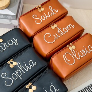 Leder Perle bestickt Schminktasche, Muttertagsgeschenk, Kosmetiktasche mit großer Kapazität, Beste Freundin Geschenk, Stickerei Taschengeschenk, Gastgeschenke zur Hochzeit