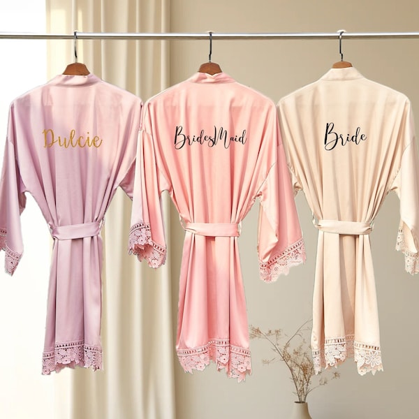 Customized Bride Robe-Silky Lace Robe-Bridesmaid Robes-Bridesmaid Gifts-Personalized Gift for Her-bridal party robes-Satin Wedding Robe