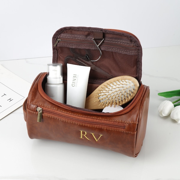 Gepersonaliseerde lederen toilettas, herenreis Dopp Kit, gepersonaliseerde bruidsjonkers cadeau, heren lederen accessoire, jubileumcadeau voor hem, geschenken