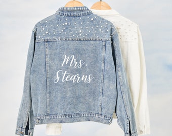 Bride Jean Jacket, Wedding Bridal Denim Jacket, Pearl Denim Jacket, Personalized Jean Jacket, Future Mrs, bridal shower gift, Denim Jacket