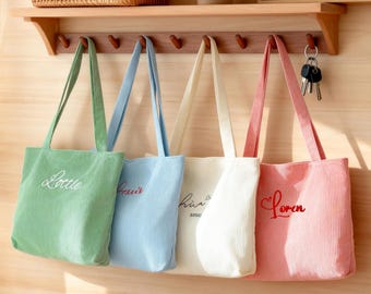 Embroidered Corduroy Tote Bag, Monogrammed Tote Bag, Custom Bridesmaid Gift,Shoulder Bag for Women,Bachelorette Gift, Christmas Gift for Her