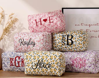 Custom Bridesmaid Makeup Bag with Embroidered Name,Handmade Quilted Cosmetic Bag,Personalized Floral Makeup Bag,Travel Makeup Pouch