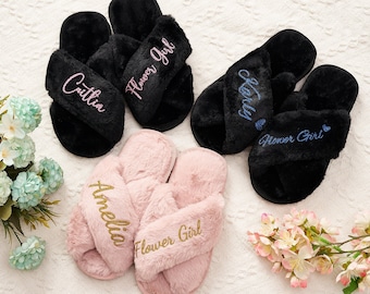 Zapatillas personalizadas para niños, zapatillas de niña de flores, regalo para niña de flores, zapatillas esponjosas de boda, regalo personalizado, regalos de dama de honor