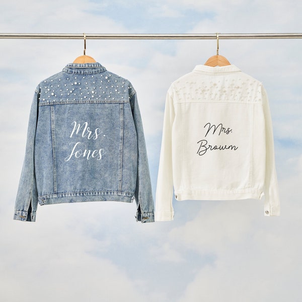 Veste Bride Jean avec perles, veste en denim nuptiale de mariage, veste personnalisée personnalisée, future Mme, cadeau de douche nuptiale, veste Wifey Jean