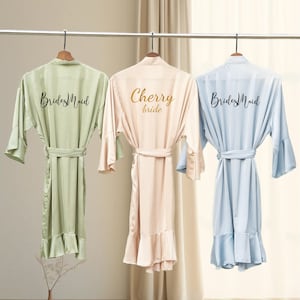 Silky Ruffle Robe- Satin Bridal Robe-Personalised Bridesmaid robes-Custom Gift for Bride- Bachelorette Party Robes- white bridal Robe