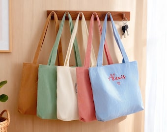 Borsa tote in velluto a coste ricamata personalizzata, regalo personalizzato per damigella d'onore, borsa a tracolla da viaggio con nome, regalo di addio al nubilato, regalo di Natale per lei, borsa da spiaggia