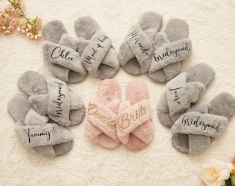 Gifts Personalized Bridal Slipper, flower girl slipper, Bachelorette Hen Fluffy Slippers, Fluffy Slippers With Customized Name,Gift for Mom