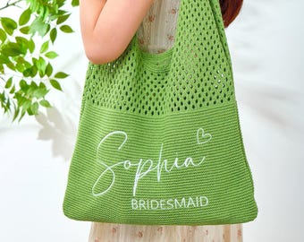 Personalized Crochet Tote Bag, Bridesmaid Gift, Knitted Beach Bag, Embroidered Name, Bachelorette Party Gift, Summer Shoulder Bag, Bride Bag