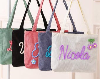 Personalized Embroidered Corduroy Tote Bag, Bridesmaid Gift, Monogrammed Tote Bag, Shoulder Bag for Girls Travel, Christmas Gift, Handbag