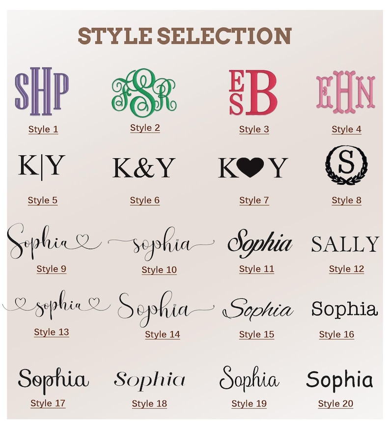 K&ouml;nnte beinhalten: Bild zeigt eine "STILAUSWAHL" von Monogramm- und Namensstilen. Das Bild zeigt verschiedene Schriftarten und Designs f&uuml;r Initialen und Namen, einschlie&szlig;lich kursiver und Blockbuchstaben-Optionen. Jeder Stil ist nummeriert.