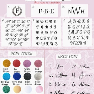 May include: A chart with options for customizing a personalized item. The chart shows different font styles, colors, and glitter options. The text "FOR FRONT ONLY (First name or initial letter)" is at the top of the chart. The text "FONT COLOR" is at the top of the color options. The text "BACK FONT" is at the top of the font options.
