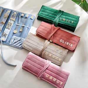 Lussuoso set di portagioie in velluto personalizzato, rotolo monogrammato per collane, orecchini, anelli, bomboniere per matrimoni, custodia da viaggio in pelle scamosciata personalizzata