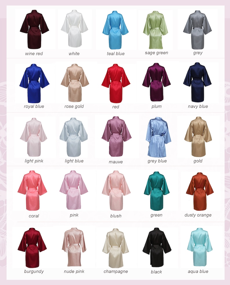 May include: A chart showing 25 different colors of satin robes. The robes are arranged in five rows of five, with each row representing a different color. The colors include wine red, white, teal blue, sage green, grey, royal blue, rose gold, red, plum, navy blue, light pink, light blue, mauve, grey blue, gold, coral, pink, blush, green, dusty orange, burgundy, nude pink, champagne, black, and aqua blue.