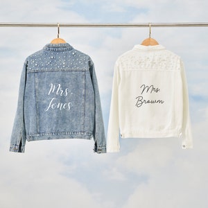 Chaqueta de mezclilla nupcial de boda, regalos de compromiso, chaqueta de mezclilla perla, chaqueta personalizada personalizada, futura señora, regalo de despedida de soltera, regalo de luna de miel imagen 5