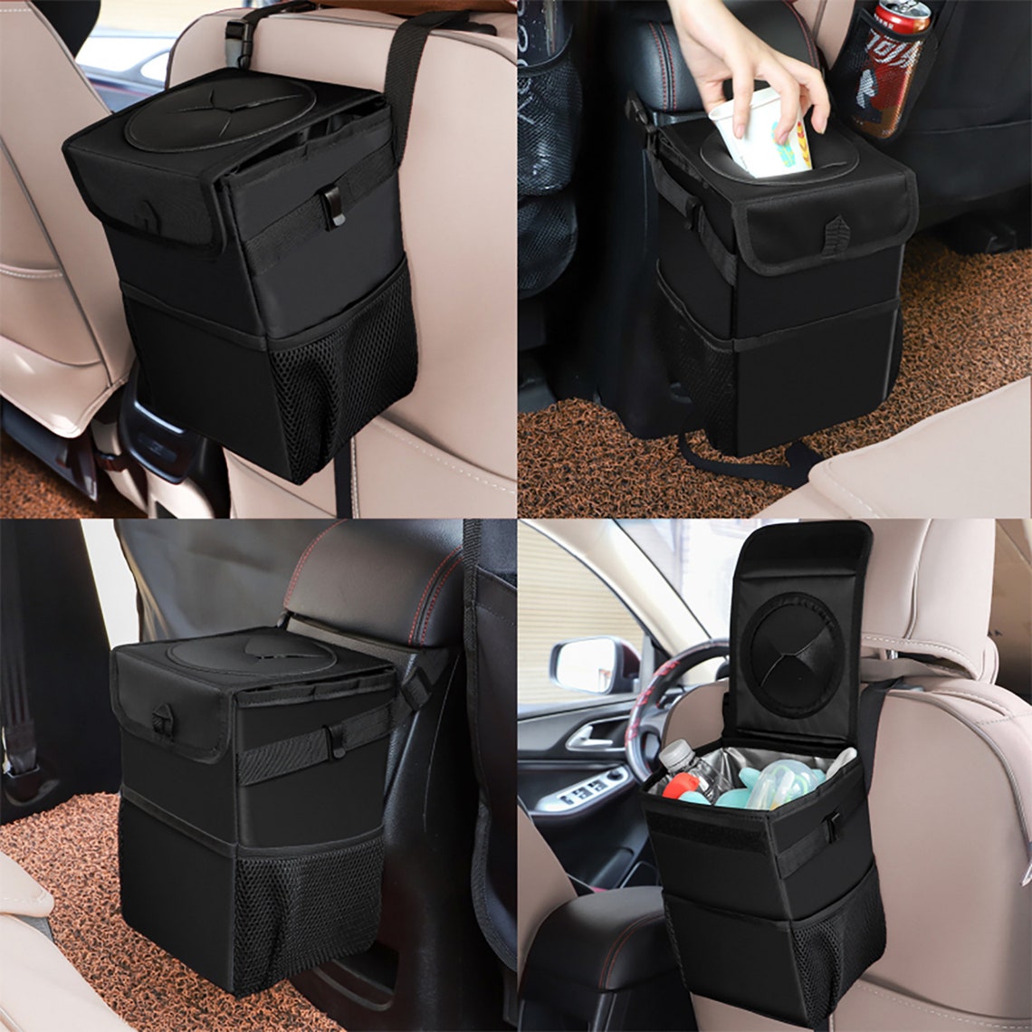 Car Bin Car Trash Can with Lid and Side Pockets Foldable Etsy