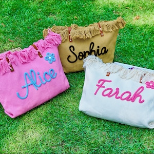 Custom Tote Bag, Bridesmaid Gift, Beach Handbags, Embroidered Cotton Rope Tote Bag, Monogrammed Tote Bag, Bachelorette Gifts, Gift for Her