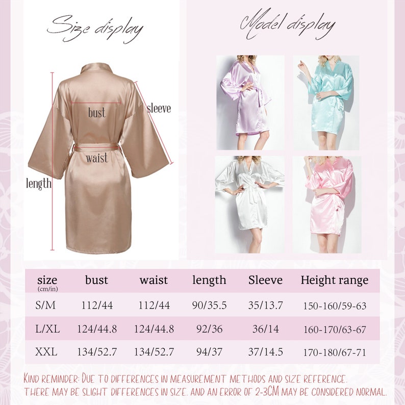 May include: Size chart for a satin robe in four colors: light pink, light blue, white, and beige. The chart shows measurements in inches and centimeters for bust, waist, length, sleeve, and height range.