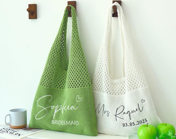 Personalized Knitted Beach Bag with Embroidered Name, Bridesmaid Gifts, Crochet Tote Bag for Women Travel Vacation, Summer Bag, Bachelorette
