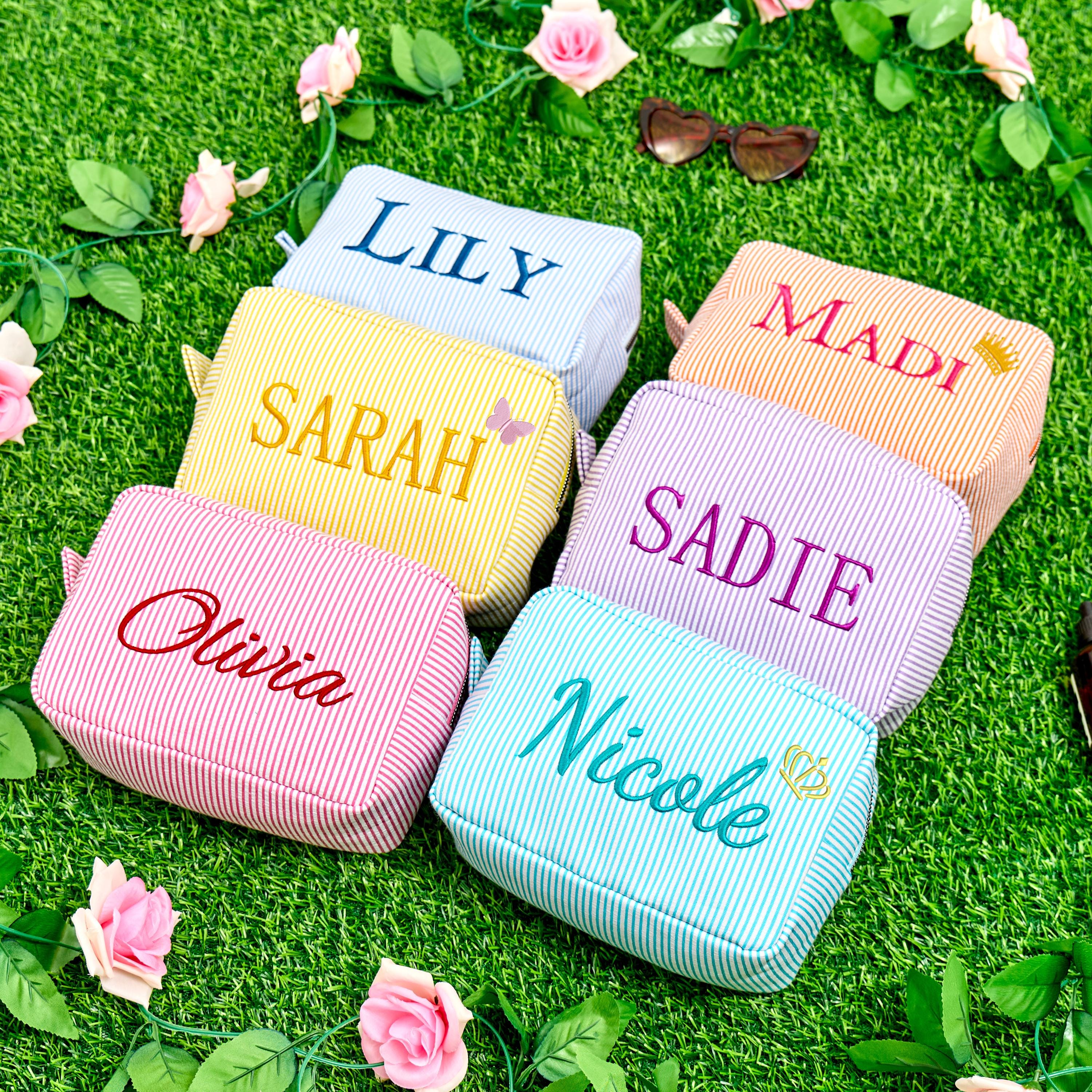 Personalized Seersucker Makeup Bag,Custom Embroidered Makeup Bag,Bridal Shower Bag,Travel makeup Bag,Bridesmaid Toiletry Bag,Cosmetic bag
