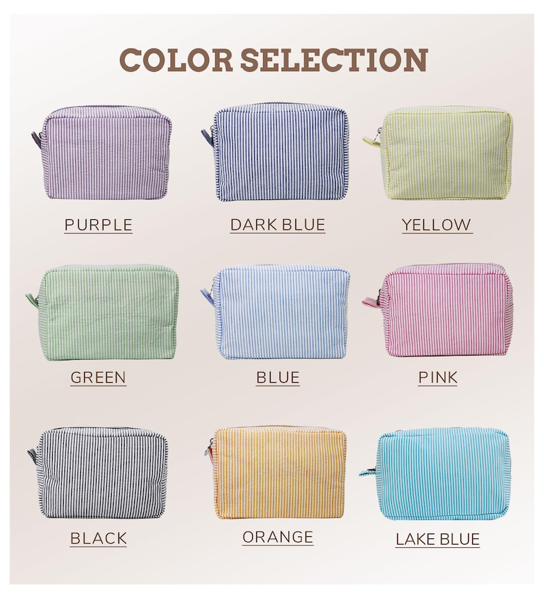 K&ouml;nnte beinhalten: Neun rechteckige Kosmetiktaschen mit vertikalen Streifen in verschiedenen Farben: Lila, Dunkelblau, Gelb, Gr&uuml;n, Blau, Rosa, Schwarz, Orange und Seeblau. Der Text "COLOR SELECTION" ist oben abgebildet.