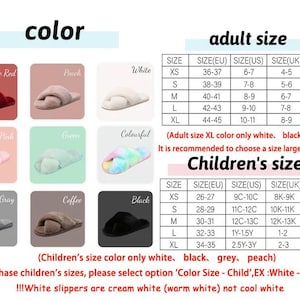 May include: A chart displaying various colours of fluffy slippers alongside size guides for adults and children. The adult size chart lists sizes in EU, US, UK, and length in centimetres. The children's size chart shows sizes in EU, US, UK, and length in centimetres. The colours featured are wine red, peach, white, pink, green, colourful, grey, coffee, and black.