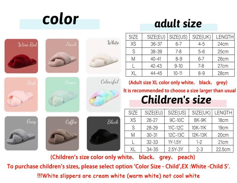 May include: A chart displaying various colours of fluffy slippers alongside size guides for adults and children. The adult size chart lists sizes in EU, US, UK, and length in centimetres. The children's size chart shows sizes in EU, US, UK, and length in centimetres. The colours featured are wine red, peach, white, pink, green, colourful, grey, coffee, and black.